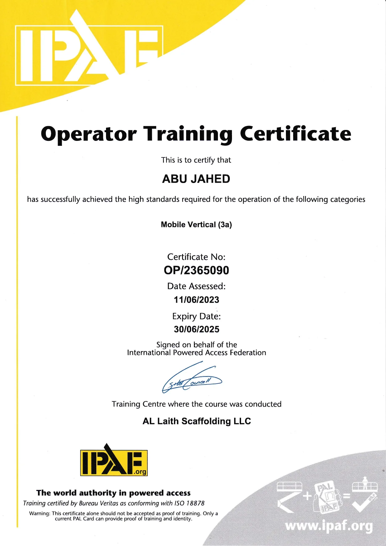 IPAF Certificate — Abu
