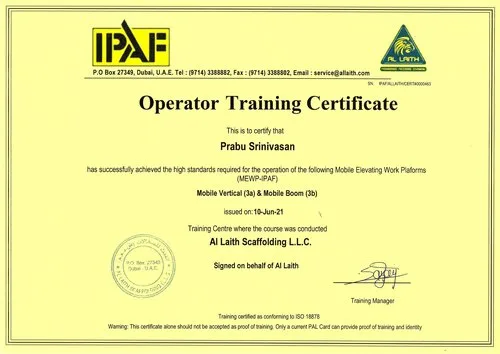 IPAF Certificate — Prabhu