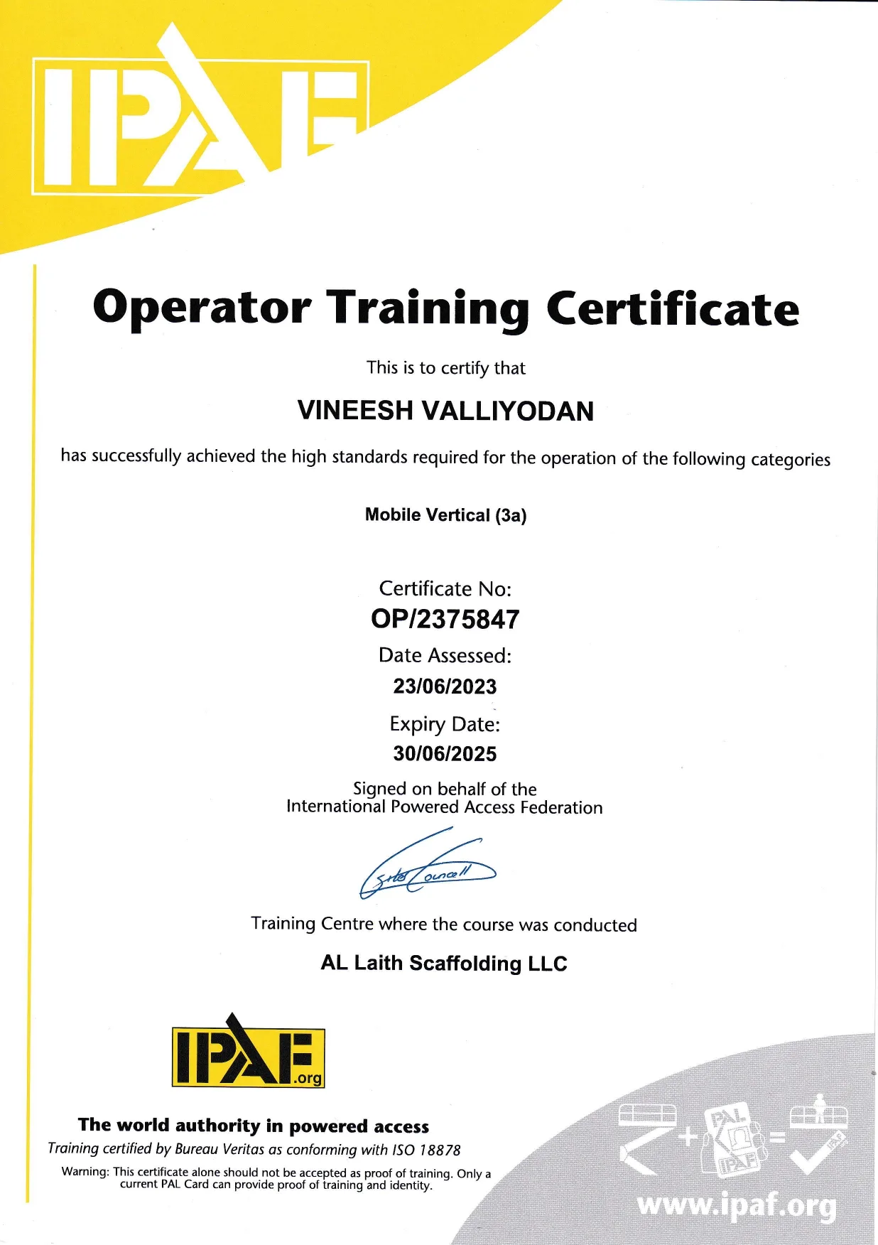 IPAF Certificate — Vineesh