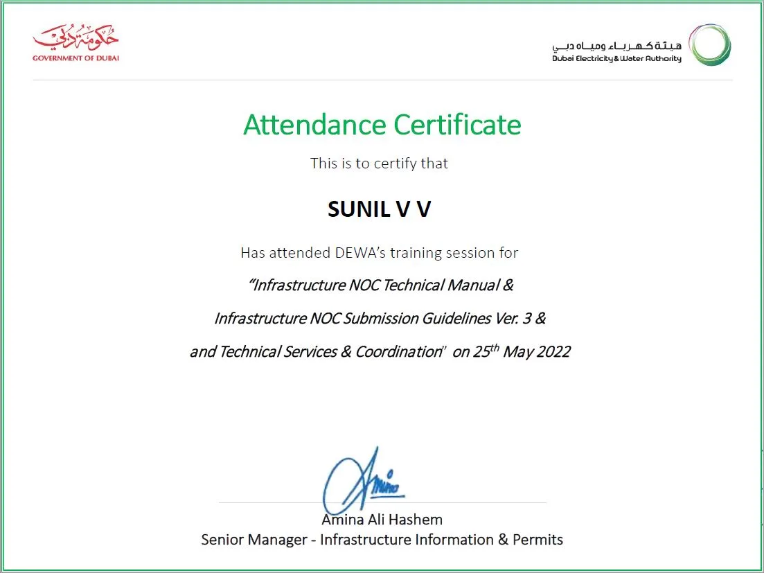 DEWA Approved Electrical Engineer Certificate