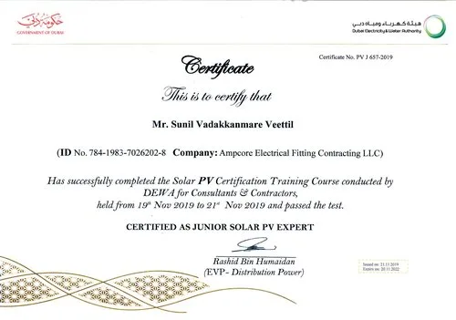 DEWA Solar PV Expert Certificate